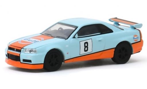 Modelauto Nissan Skyline R34 GT-R (BNR34) blauw/wit RHD Gulf 2001 No.8 1/64 Greenlight