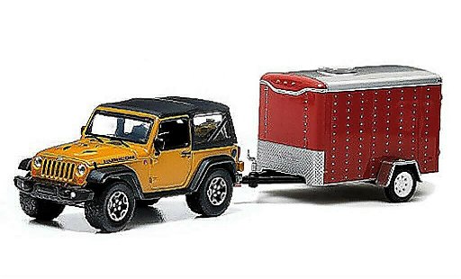 Jeep Wrangler Rubicon 1/64 Greenlight X geel en 1-Achs-Anhanger 2014 modelauto