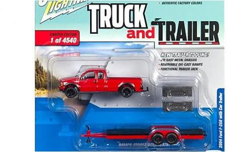 Modelauto Ford F-250 Pickup rood 2004 avec Flatbed remorque sans Vitrine 1/64 Johnny Lightning