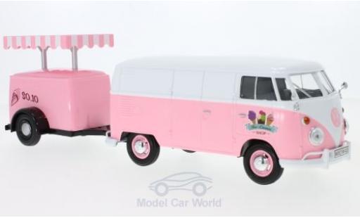 Modelauto Volkswagen T1 A Bestelwagen roze/wit Bestelwagen met K&Atilde;&frac14;hlanh&Atilde;&curren;nger 1/24 Motormax