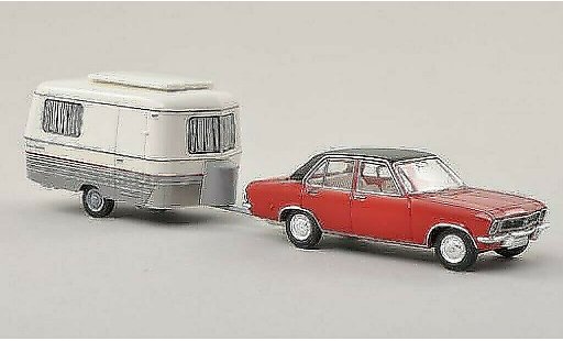 Opel Ascona A Base 1/87 Brekina rood/zwart met Eriba Wohnwagen modelauto
