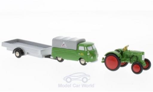 Modelauto Volkswagen T1 A groen Fendt Service laadbak met Anh&Atilde;&curren;nger en Traktor 1/90 Schuco
