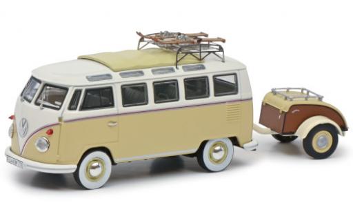 Modelauto Volkswagen T1 Base Samba beige/wit Wintersport met Westfalia Anh&Atilde;&curren;nger en dakgep&Atilde;&curren;cktr&Atilde;&curren;ger 1/43 Schuco
